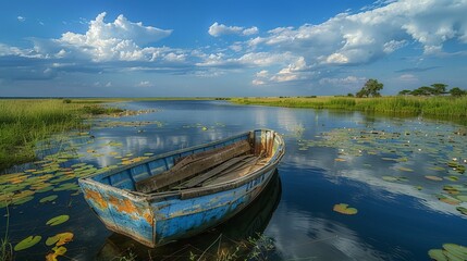 Obraz premium Serene Wooden Boat Floating on Tranquil Lake Surrounded by Lush Vegetation