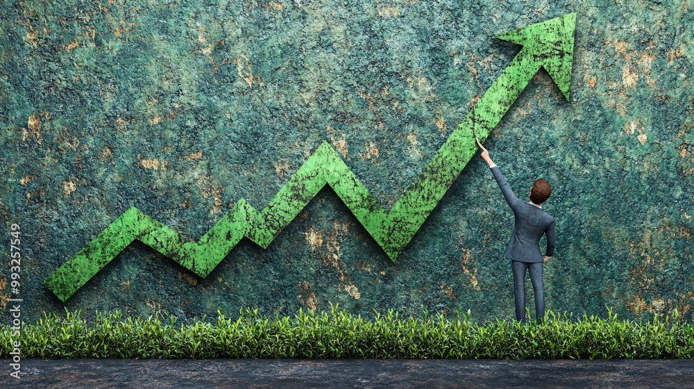 Poster A 3D-render of a cartoon man pulling an upward line on a stock chart while standing on a green arrow representing economic growth Large space for text in center Stock Photo with copy space