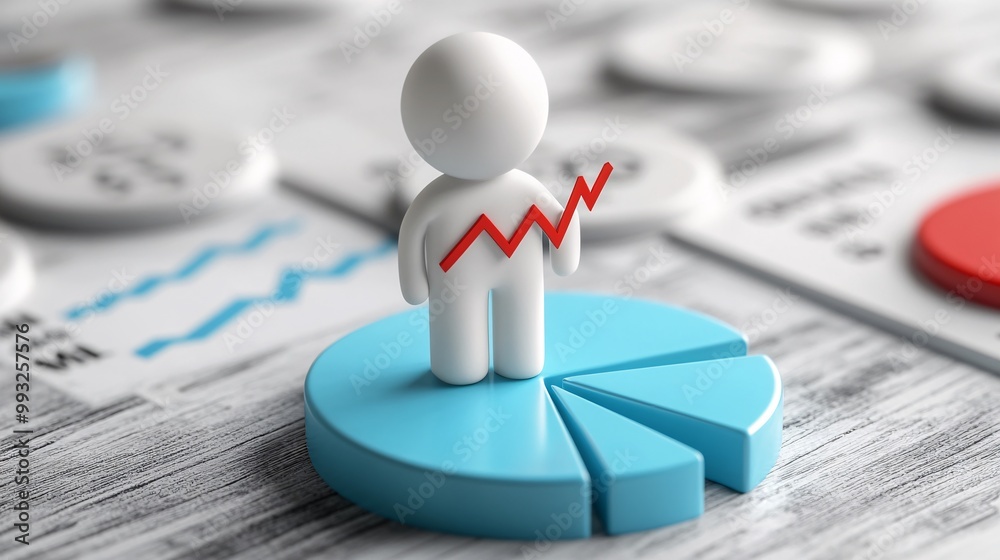 Aufkleber A single 3D-render cartoon figure using both hands to pull the stock market graph line upward while standing on a pie chart Large space for text in center Stock Photo with copy space