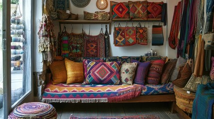 Colorful Textiles and Cozy Interior in Artisan Shop