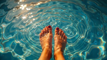 Sun-Kissed Toes in Turquoise Pool , Close-up image of feet submerged in a vibrant turquoise swimming pool. Sunlight sparkles on the water's surface, creating a refreshing and idyllic scene.