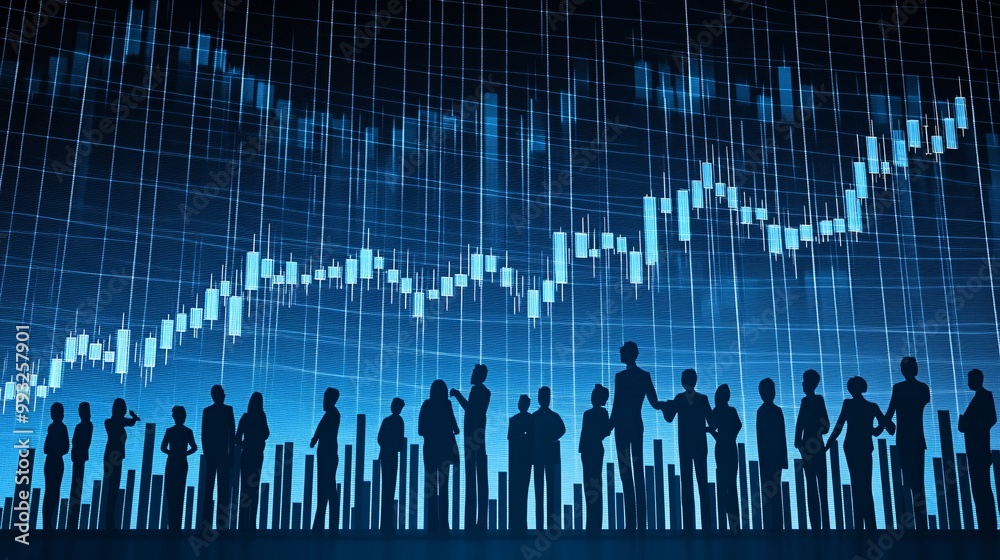 Poster a vector-style group of cartoon people pulling together on a rising stock market line representing c