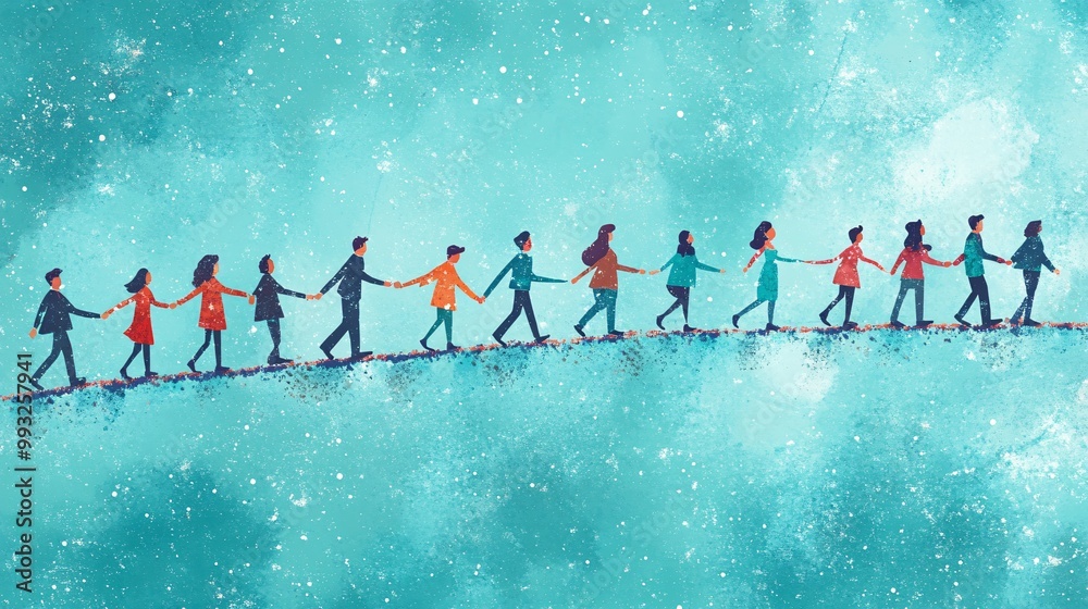 Poster a vector-style group of cartoon people pulling together on a rising stock market line representing c