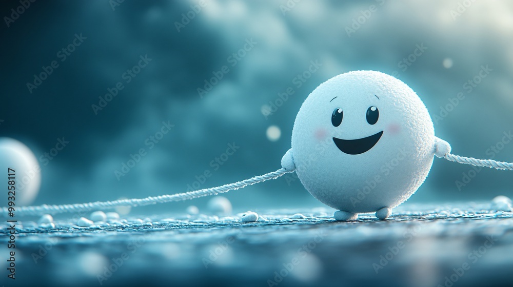 Aufkleber A 3D-rendered character pulling a large upward stock graph line with a smile showing the struggle to raise the economy Large space for text in center Stock Photo with copy space