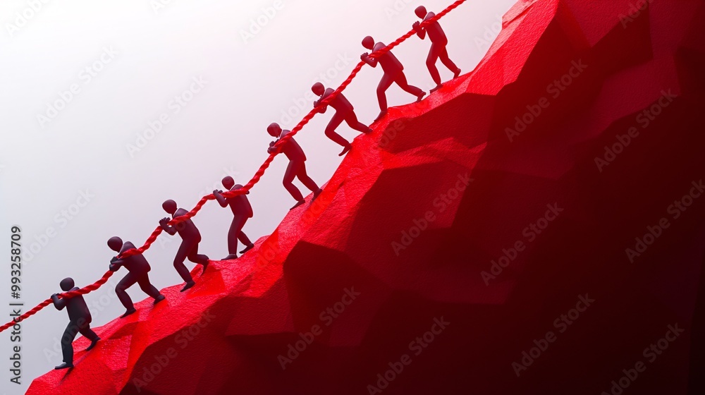 Aufkleber A group of 3D-render cartoon business figures using ropes to pull the end of an upward stock graph together symbolizing cooperation Large space for text in center Stock Photo with copy space