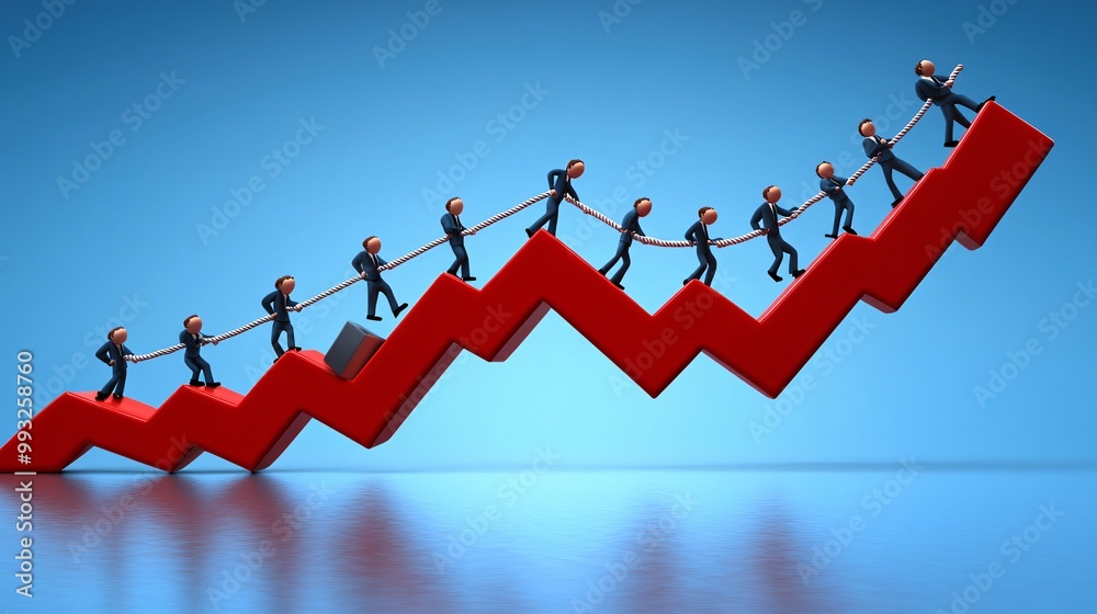 Poster A group of 3D-render cartoon business figures using ropes to pull the end of an upward stock graph together symbolizing cooperation Large space for text in center Stock Photo with copy space