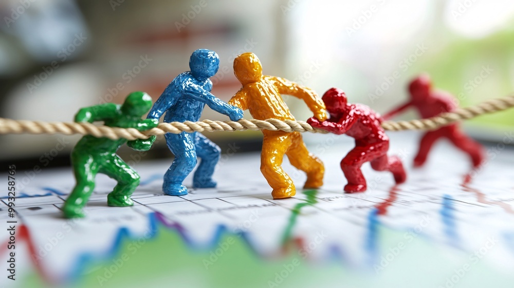 Poster A group of 3D-render cartoon business figures using ropes to pull the end of an upward stock graph together symbolizing cooperation Large space for text in center Stock Photo with copy space