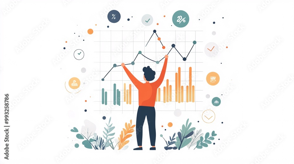 Aufkleber A vector illustration of a cartoon character using both hands to lift an economic graph line upward from a grid showing their effort Large space for text in center Stock Photo with copy space