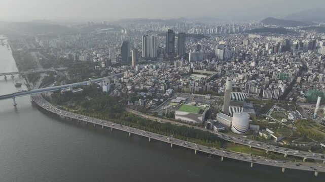 Drone View of Seoul city in South Korea, Hapjeong Station, Hot place, Summer, 60fps