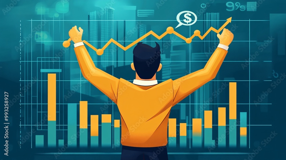 Aufkleber A vector illustration of a cartoon character using both hands to lift an economic graph line upward from a grid showing their effort Large space for text in center Stock Photo with copy space