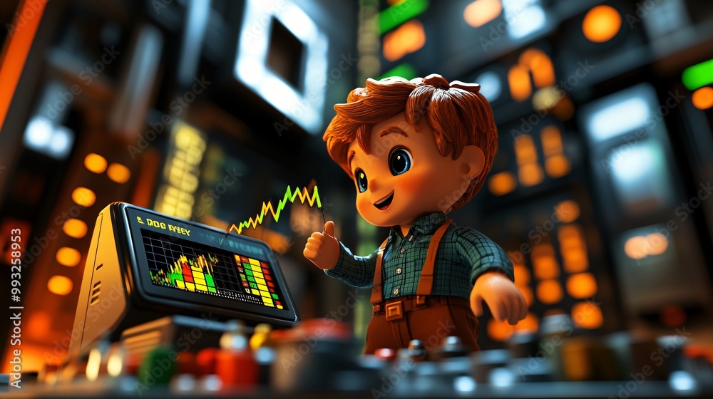 Poster A 3D-render of a business character pulling a stock chart line upward with a look of determination while balancing on a financial platform Large space for text in center Stock Photo with copy space