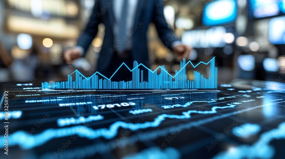 Fototapete A 3D-render of a business character pulling a stock chart line upward with a look of determination while balancing on a financial platform Large space for text in center Stock Photo with copy space