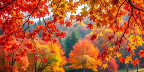 Vibrant autumn hues dance across sturdy branches weighed down by crunchy leaves in a vibrant seasonal scene.