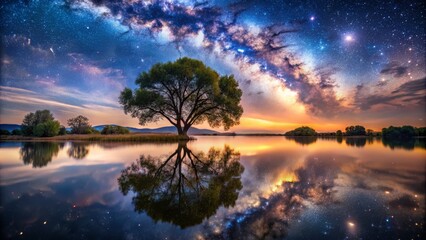 Ethereal MilkyWay Night Sky Giant RiverTree Reflections Celestial Starry Night Smooth Water Ripples Dreamy Mystical Universe Wonder