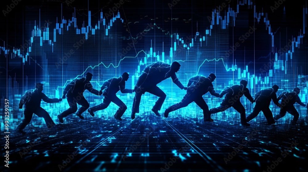 Aufkleber A digital vector of a group of characters working together to pull the end of a rising stock market line showing collaborative efforts in growth Large space for text in center Stock Photo with copy
