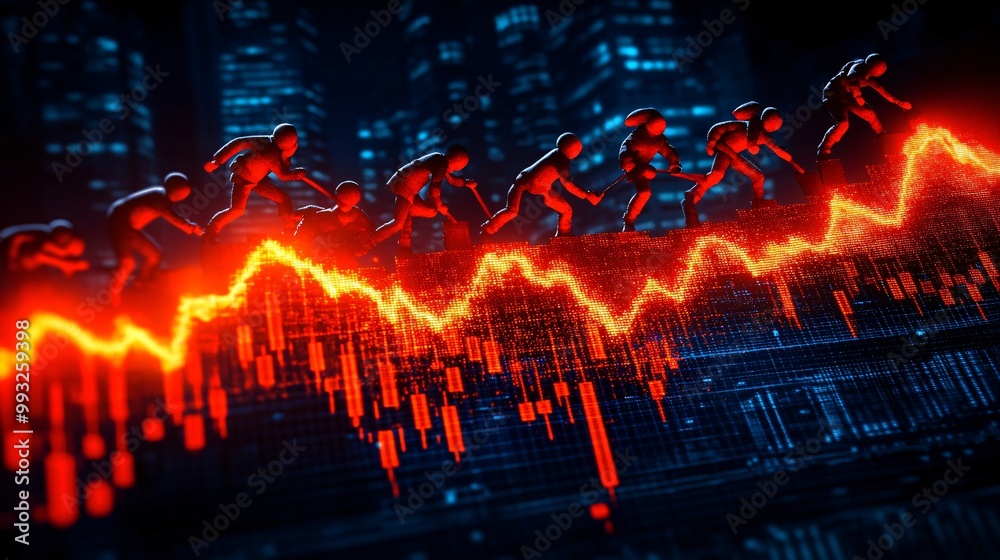 Poster A digital vector of a group of characters working together to pull the end of a rising stock market line showing collaborative efforts in growth Large space for text in center Stock Photo with copy