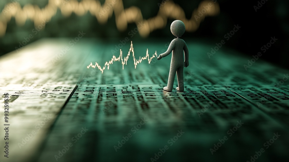 Poster A single 3D character pulling the end of a stock chart upward with all their strength symbolizing economic recovery and effort Large space for text in center Stock Photo with copy space