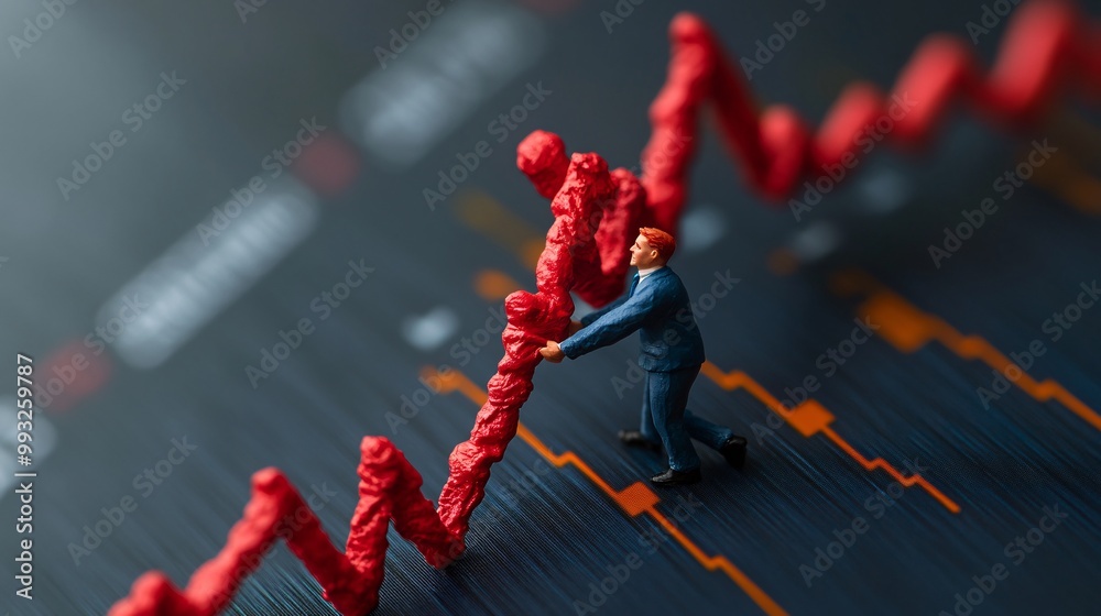 Poster A single 3D character pulling the end of a stock chart upward with all their strength symbolizing economic recovery and effort Large space for text in center Stock Photo with copy space