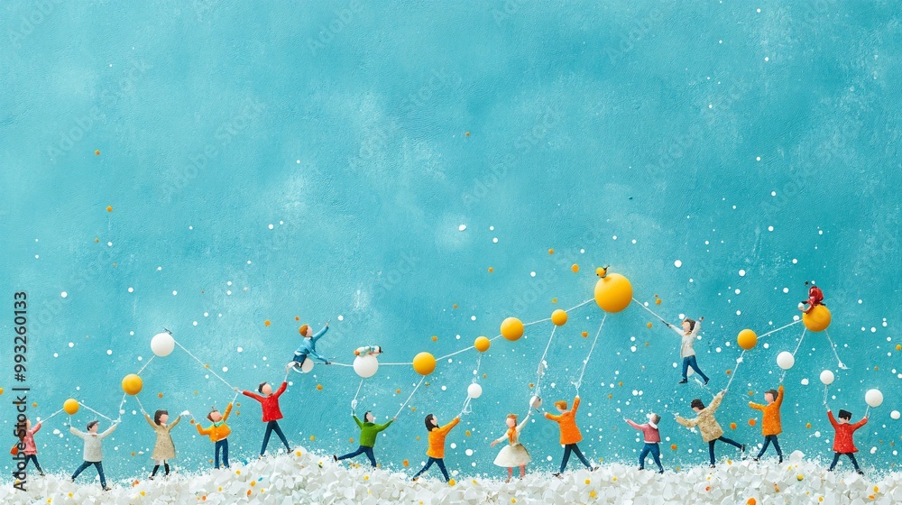 Poster A group of digital vector characters pulling together to lift a rising financial graph line as they smile and cheer each other on Large space for text in center Stock Photo with copy space