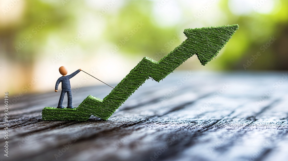 Poster A 3D cartoon figure pulling an economic graph line upward while standing on a large green arrow representing economic recovery Large space for text in center Stock Photo with copy space
