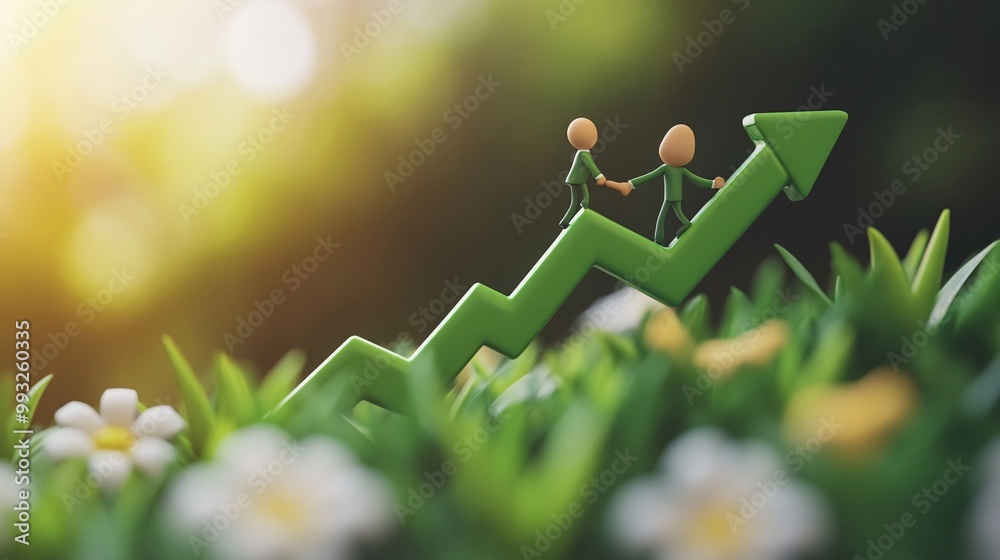 Poster A 3D cartoon figure pulling an economic graph line upward while standing on a large green arrow representing economic recovery Large space for text in center Stock Photo with copy space