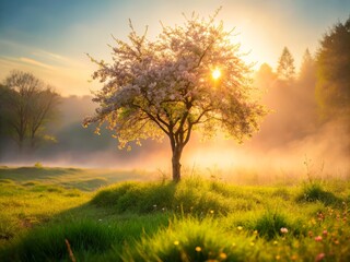 Fototapeta premium Serene misty morning scene featuring tiny cherry blossom tree amidst lush greenery vibrant wildflowers soft warm natural light warm beige tones peaceful atmosphere