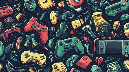 Cartoon Vector Pattern Design with Game Controllers, Video Games, and Toys