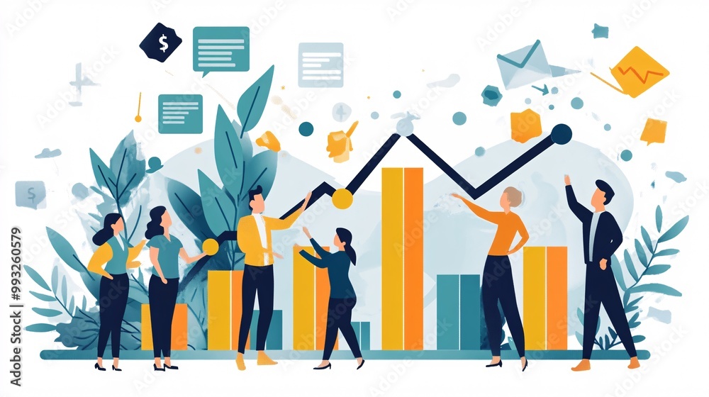 Poster a vector-style illustration of a group of cartoon people pulling a stock market graph line upward as