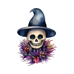Vector watercolor halloween skull on transparent background. Skeleton halloween
