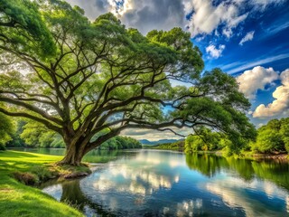 Obraz premium A majestic tree leans towards the gentle current of a serene river, its branches stretching out like nature's own cathedral, surrounded by emerald green vegetation and soft, feathery clouds.