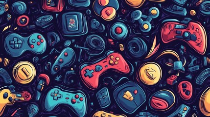 Naklejka premium Cartoon Vector Pattern Design with Game Controllers, Video Games, and Toys