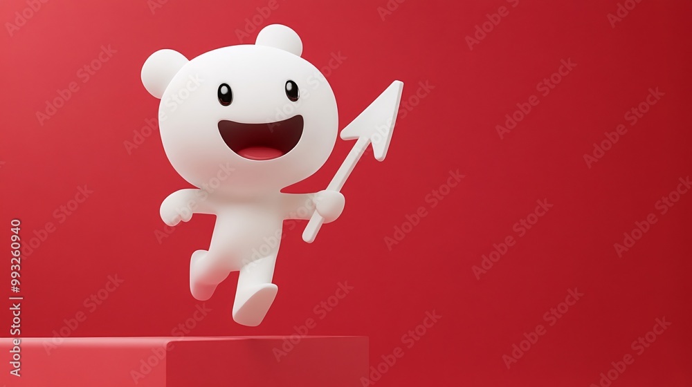 Aufkleber A single 3D character holding a large financial arrow and pulling it upward with determination showing the challenges of economic growth Large space for text in center Stock Photo with copy space