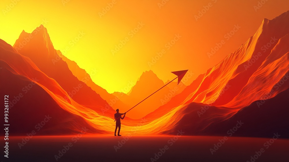 Aufkleber A single 3D character holding a large financial arrow and pulling it upward with determination showing the challenges of economic growth Large space for text in center Stock Photo with copy space