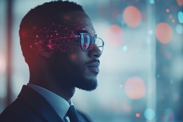 Businessman in a Suit With Augmented Reality Glasses Contemplating Future Innovations in a Modern Office Setting During the Day