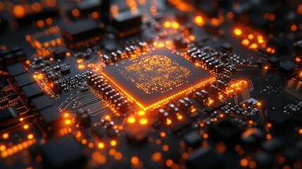 Obraz premium closeup of a microchip with intricate circuits highlighted by a soft glow reflecting the advanced technology behind modern computing systems