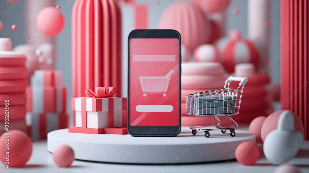 Poster A modern smartphone positioned on a circular podium next to a small shopping cart and currency illustrating the connection between online shopping and financial technology Large space for text in
