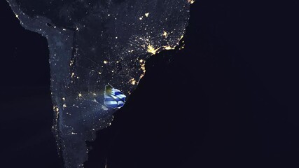 Realistic Digital Earth Night Orbit and Zoom Shining Country Flag Embedded in Borders Uruguay