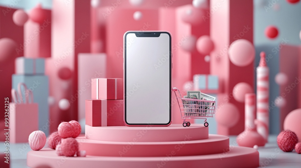 Aufkleber a modern smartphone positioned on a circular podium next to a small shopping cart and currency illus