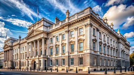 Obraz premium London, The stock photo depicts a low angle view of the iconic Whitehall building at Downing Street in London highlighting its grand architecture and historical importance