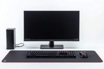 Fototapeta premium Black computer monitor, keyboard, and mouse on a black desk mat against a white background.