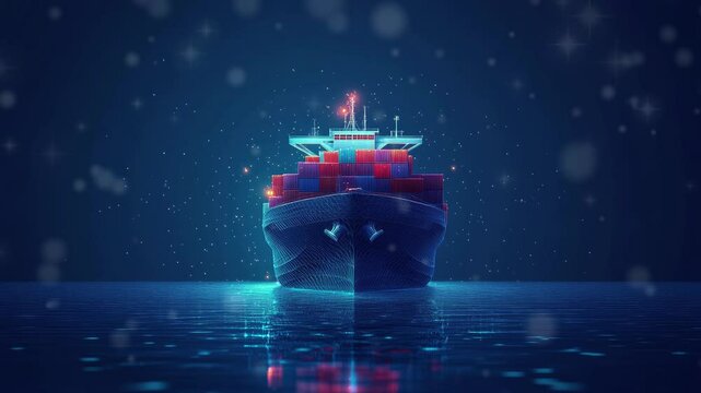 Abstract low poly 3d cargo ship isolated in dark blue background. Container ships, transportation, logistics or international shipping concept. Digital vector mesh illustration looks like starry sky.