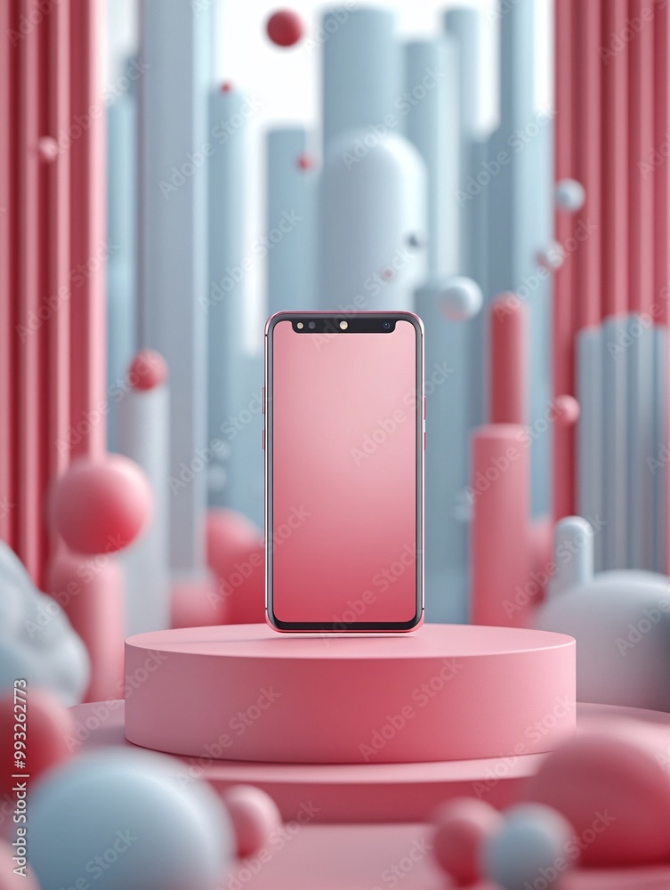 Poster A stylish smartphone placed on a circular podium in a clean and modern environment with soft shadows and gentle reflections giving a luxurious feel Large space for text in center Stock Photo with