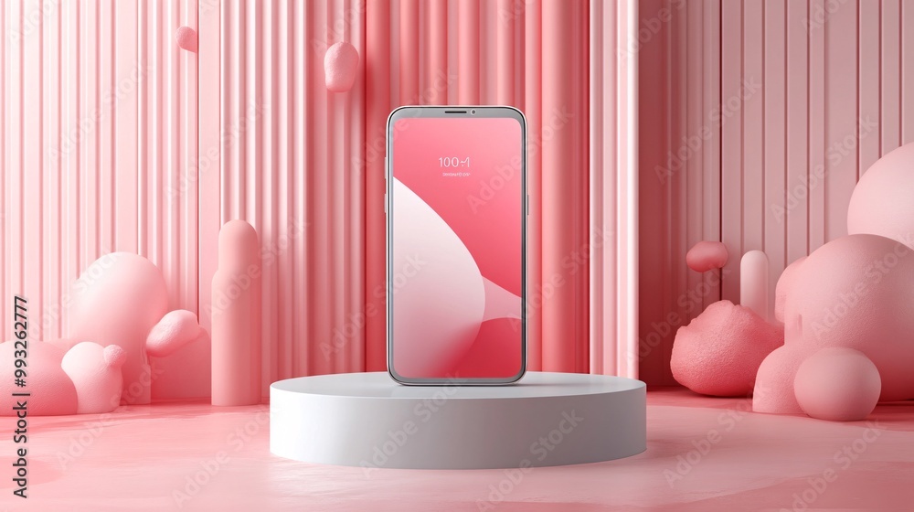 Poster A minimalistic composition featuring a smartphone displayed on a smooth circular podium with a spotlight from above enhancing its elegant design Large space for text in center Stock Photo with copy