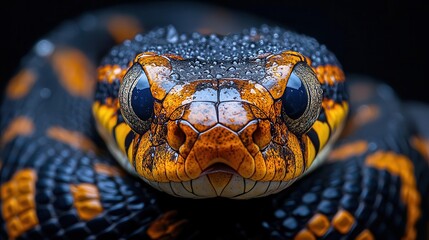 Fototapeta premium closeup of an exotic snake showcasing its mesmerizing scales and patterns highlighting the elegance and allure of this creature in a striking black background