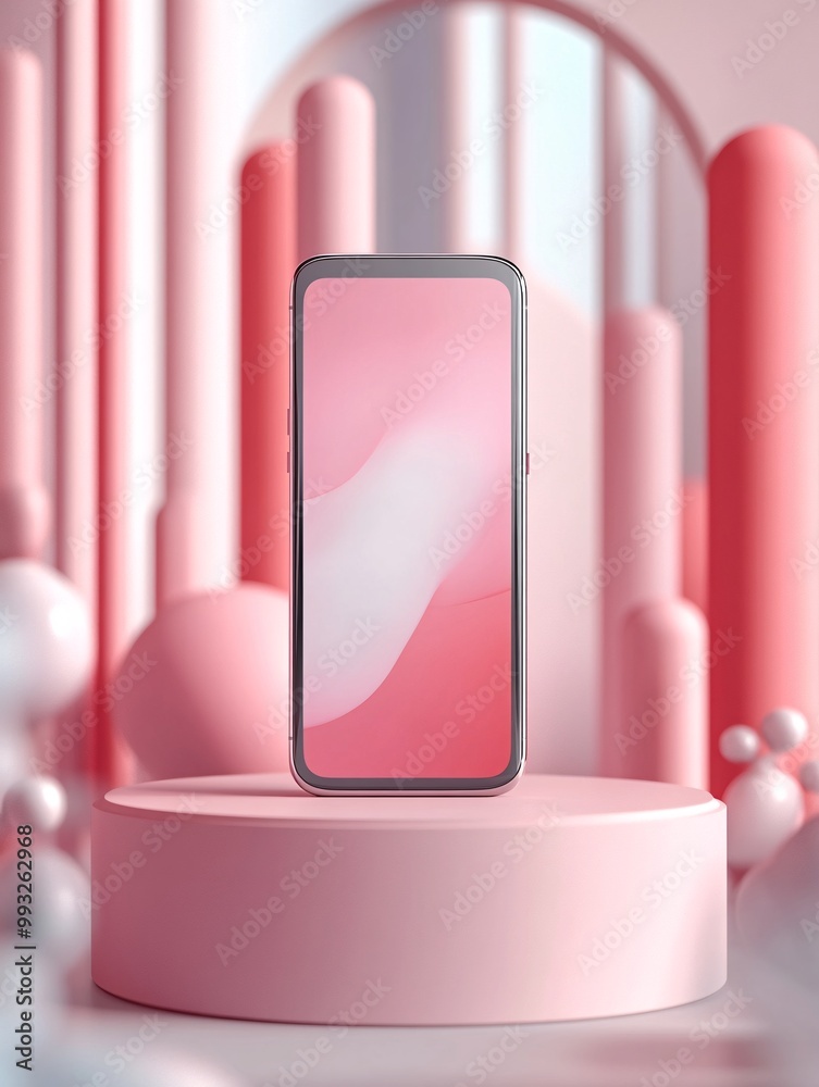 Poster A stylish smartphone placed on a circular podium in a clean and modern environment with soft shadows and gentle reflections giving a luxurious feel Large space for text in center Stock Photo with