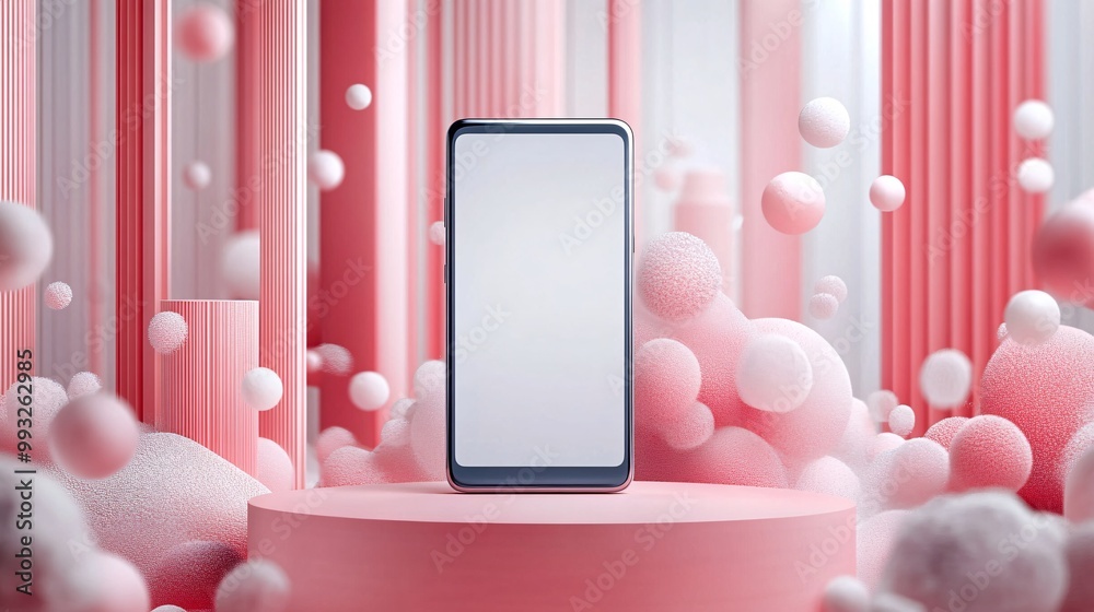 Poster A stylish smartphone placed on a circular podium in a clean and modern environment with soft shadows and gentle reflections giving a luxurious feel Large space for text in center Stock Photo with