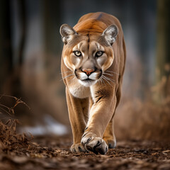 Mountain Lion Walking Stealthily Through The Forest With Intense Focus On Its Prey
