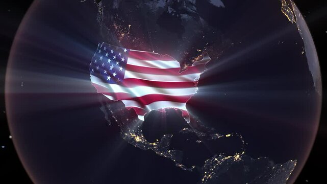 Realistic Digital Earth Night Orbit and Zoom Shining Country Flag Embedded in Borders United States