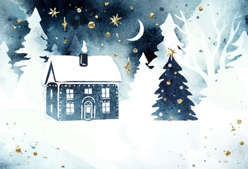 Christmas watercolor vector illustration with isolated house, Christmas tree, forest, moon and golden stars. Winter magic design for greeting card, poster, banner with place for text