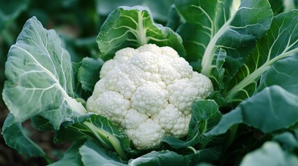 The cauliflower is fully grown and ready to be picked.